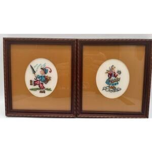 Vintage Framed Cross Stitch Art Pair of Needlepoint Wall Decor Cottage Folk Art